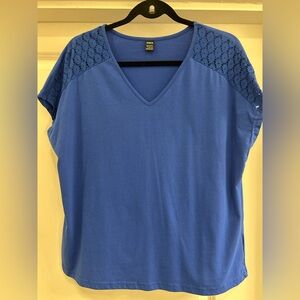 SHEIN Blue V-Neck Top with Lace Shoulders